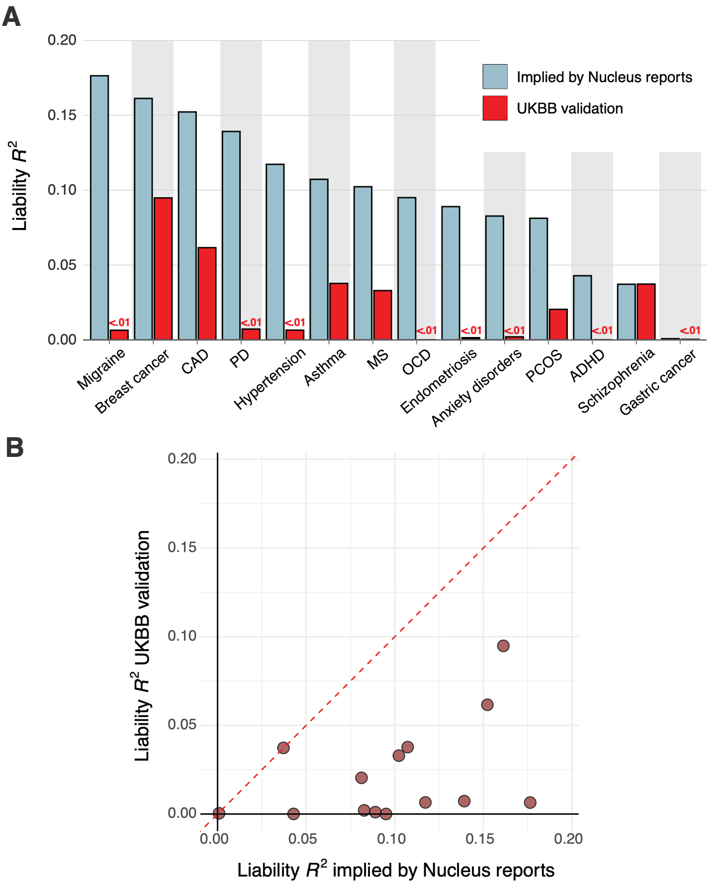 Two-panel chart comparing predictive performance implied by the 2025 Nucleus reports with Herasight’s independent UK Biobank validation.