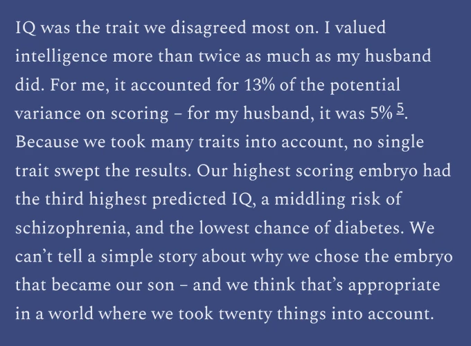 An excerpt from Anfei Larkin’s essay explains how her family weighed IQ alongside schizophrenia and diabetes risks and other traits when choosing an embryo.