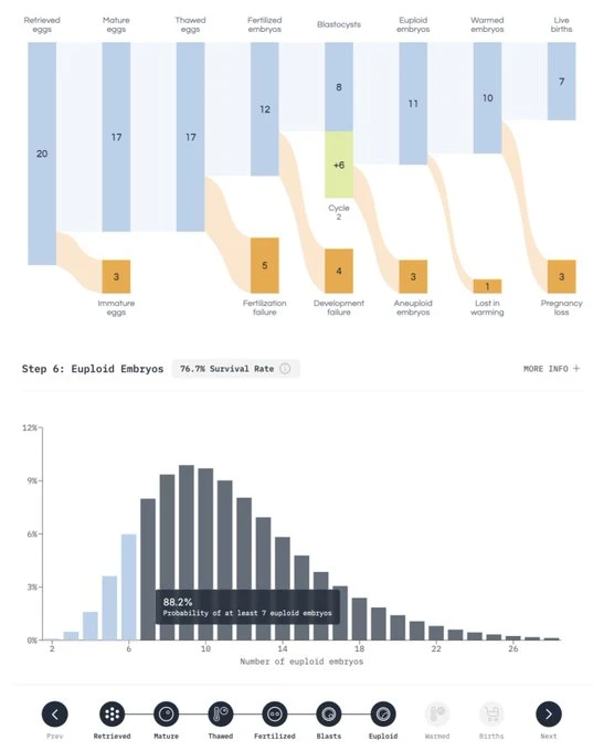 The IVF calculator announcement image: a flow diagram of IVF stages above a probability distribution for the number of euploid embryos.